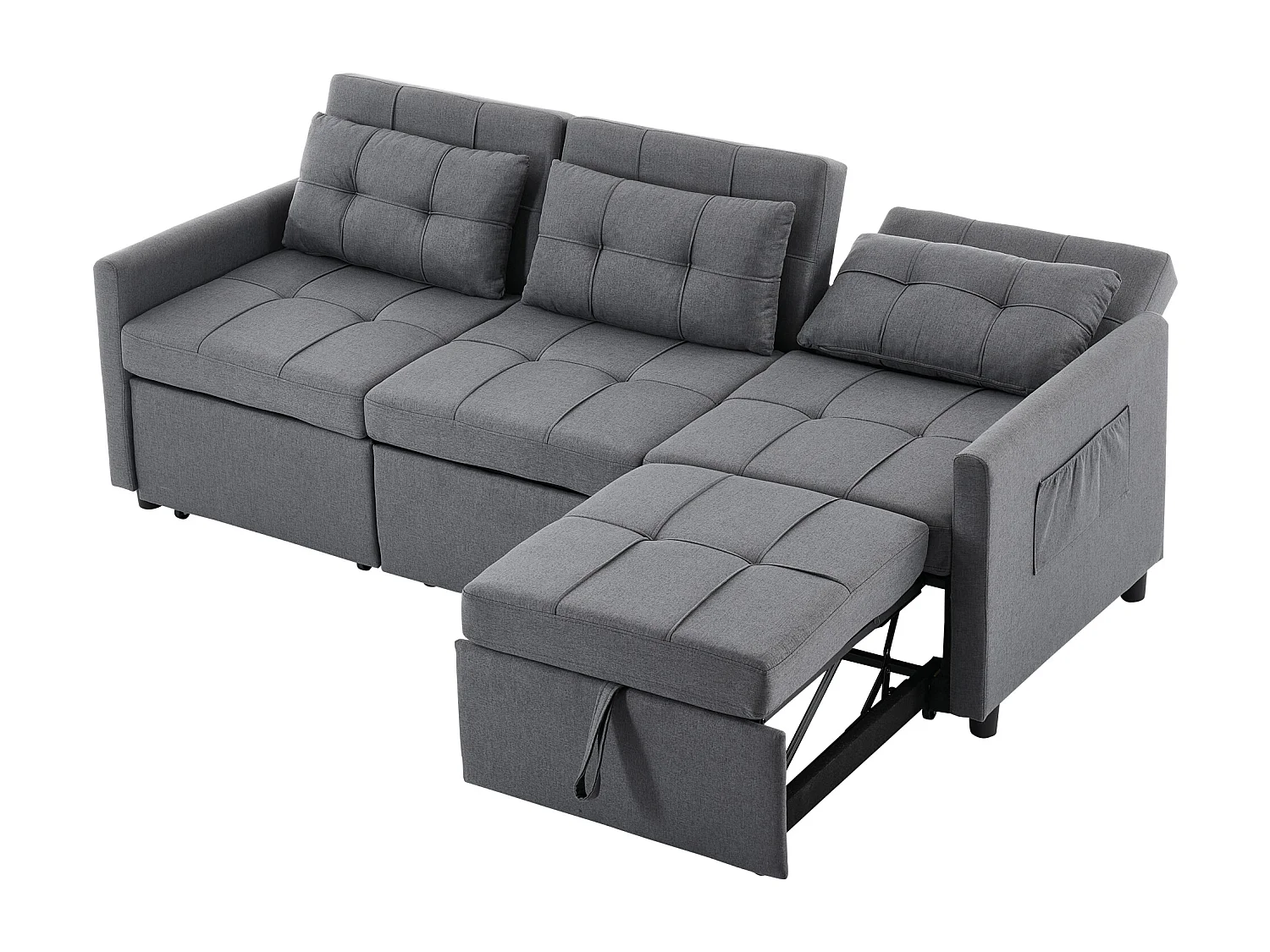 Canapé d'angle 3 places pliable avec poches latérales mousse confortable tissu gris pour salon