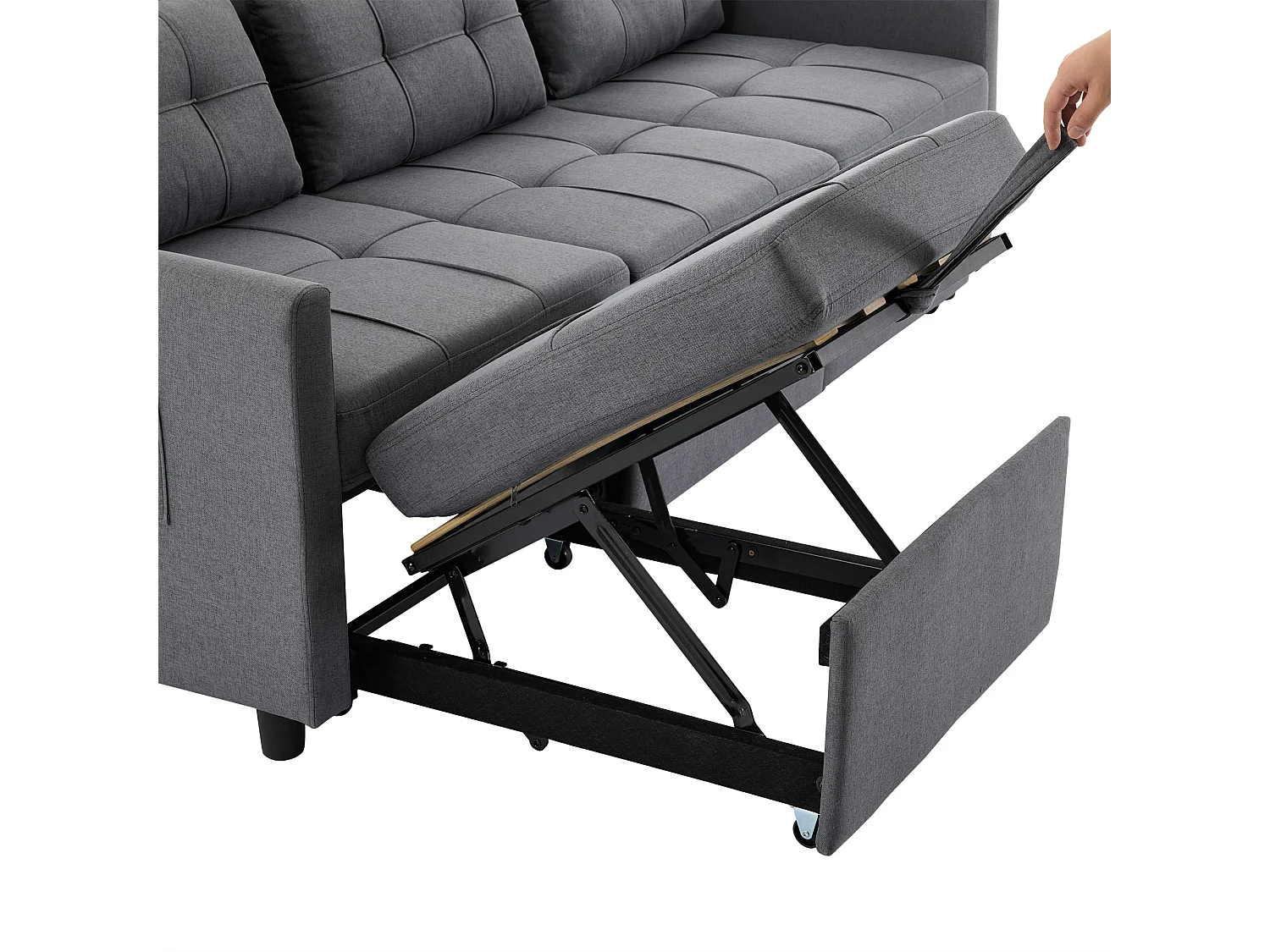 Canapé d'angle 3 places pliable avec poches latérales mousse confortable tissu gris pour salon