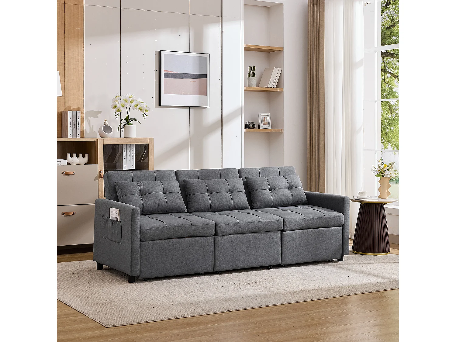 Canapé d'angle 3 places pliable avec poches latérales mousse confortable tissu gris pour salon