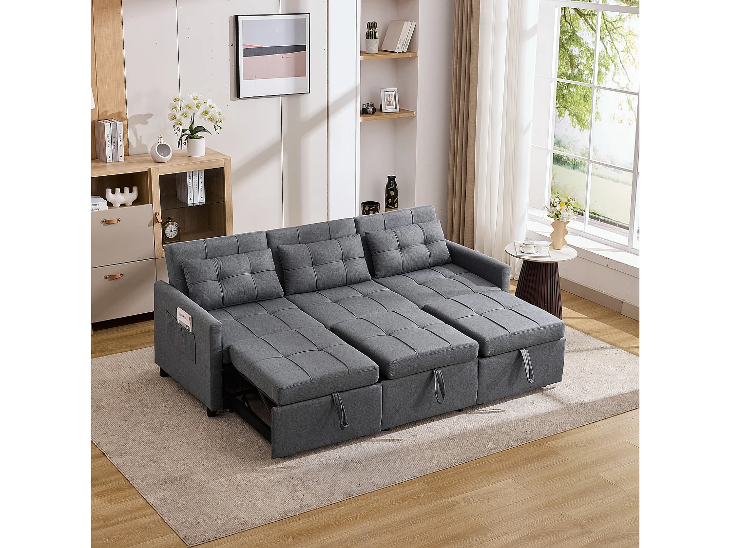 Canapé d'angle 3 places pliable avec poches latérales mousse confortable tissu gris pour salon