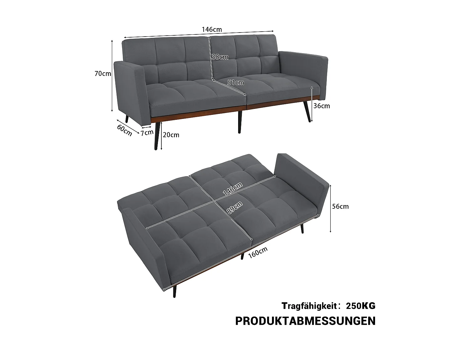 Bank midcentury verstelbare rugleuning 5 standen vaste armleuningen metalen poten linnen grijs