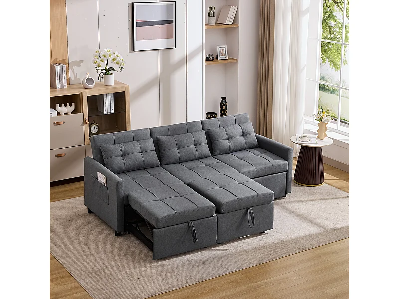 Canapé d'angle 3 places pliable avec poches latérales mousse confortable tissu gris pour salon