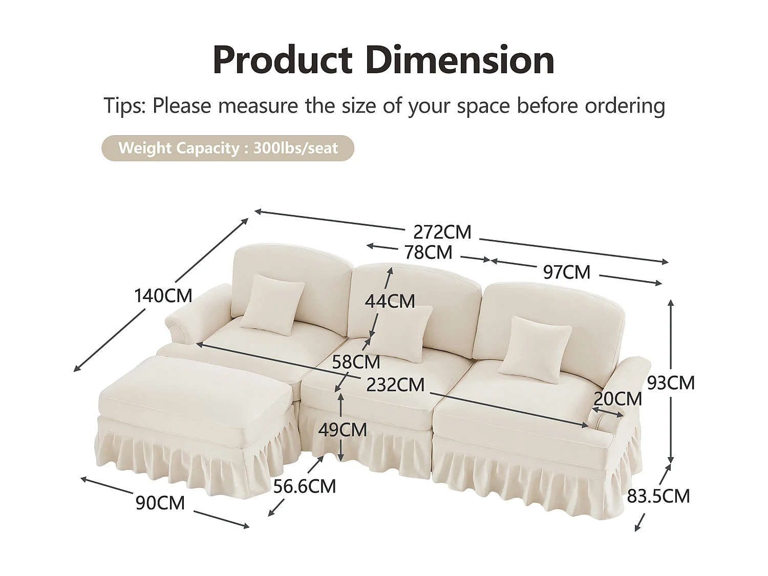 Bank Modulair 3 zits diepe zitting chenille wit voor woonkamer