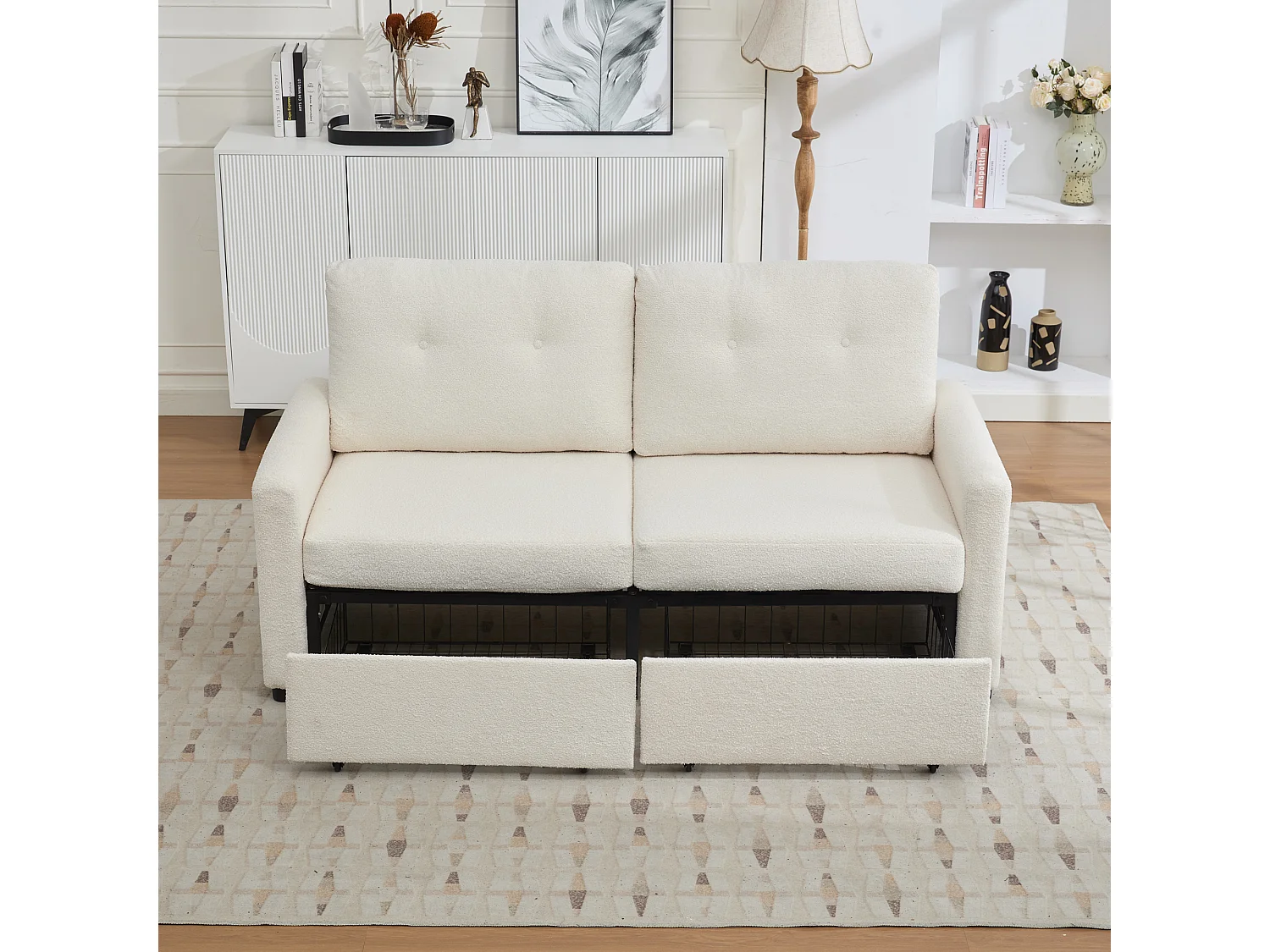 Canapé 2 places Design scandinave Gain de place Tissu Ivoire Salon