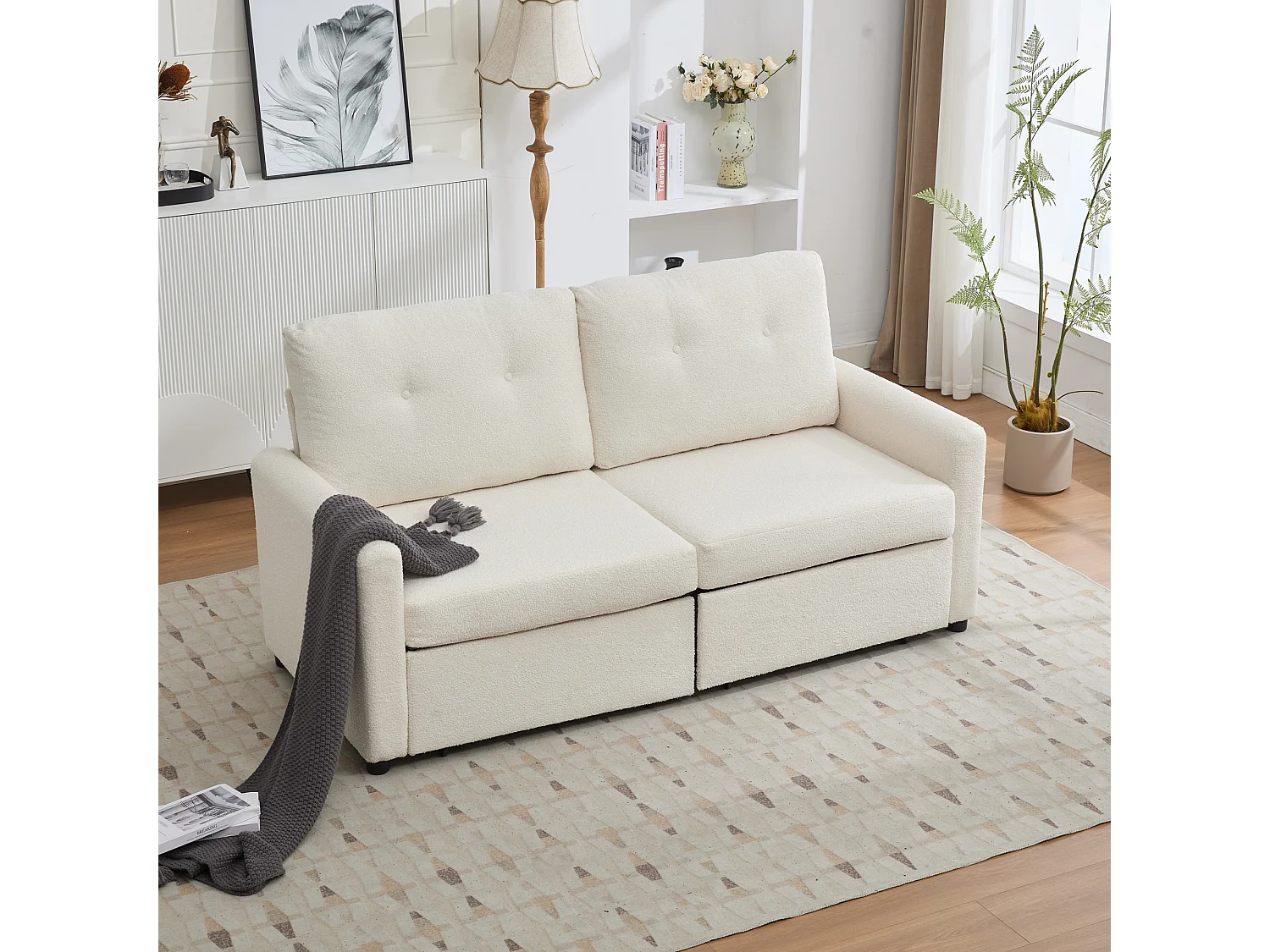 Canapé 2 places Design scandinave Gain de place Tissu Ivoire Salon