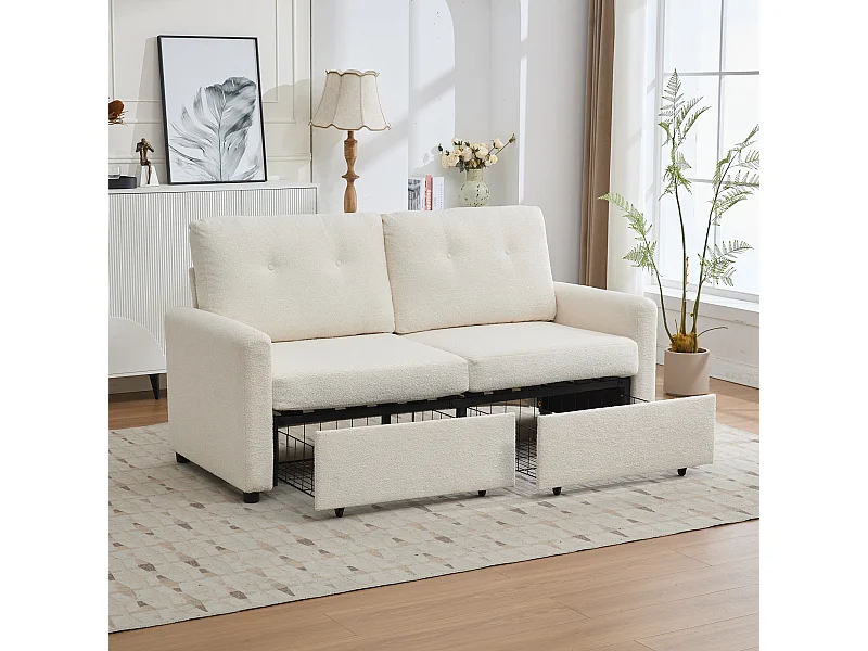 Canapé 2 places Design scandinave Gain de place Tissu Ivoire Salon