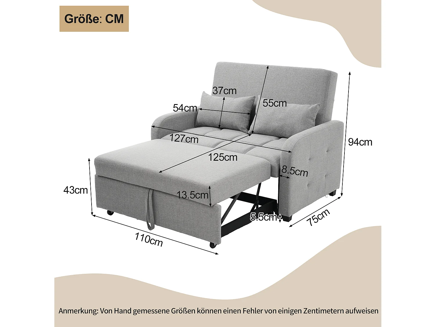 Canapé convertible 127x75x94 cm, transformation par rails, dossier 3 positions, 2 coussins, tissu coton lin, gris antique