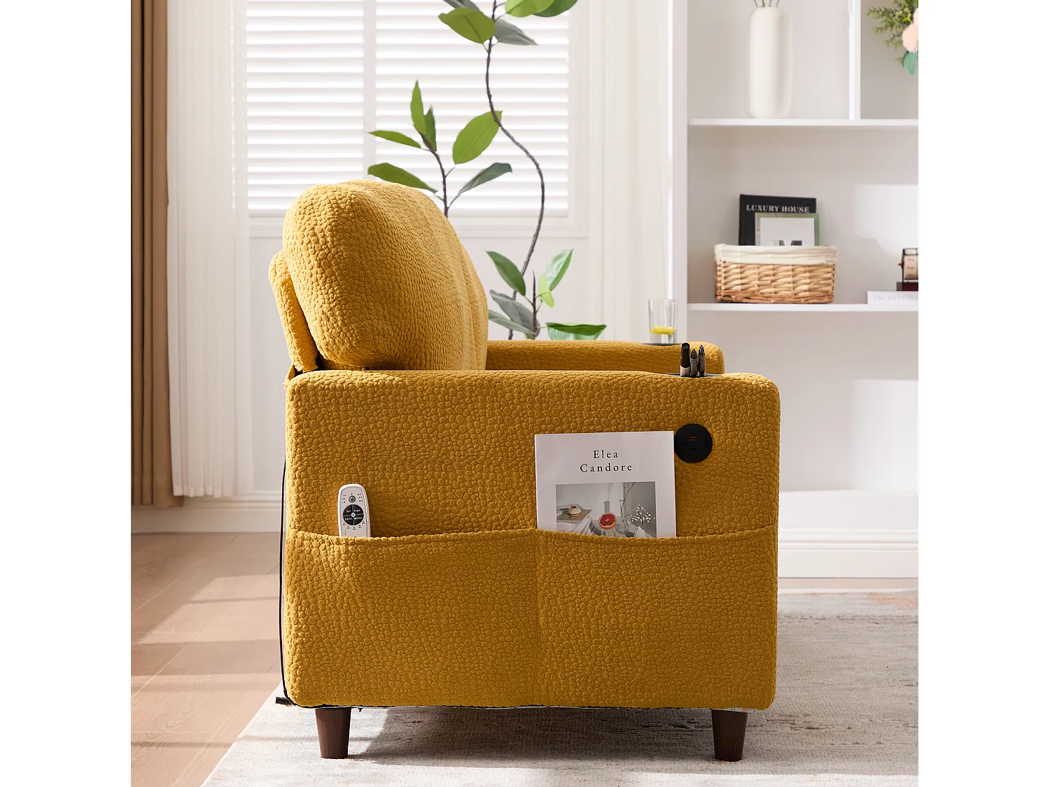 Canapé 203x77.5x86cm design Structure bois métal Rembourrage ergonomique Chenille pour salon bureau moutarde USB C LED