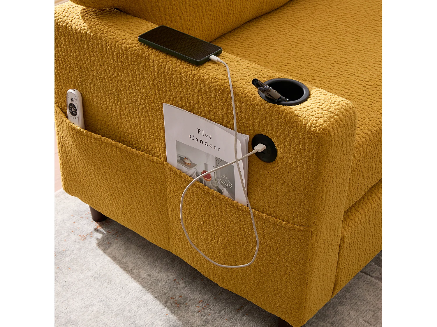 Canapé 203x77.5x86cm design Structure bois métal Rembourrage ergonomique Chenille pour salon bureau moutarde USB C LED