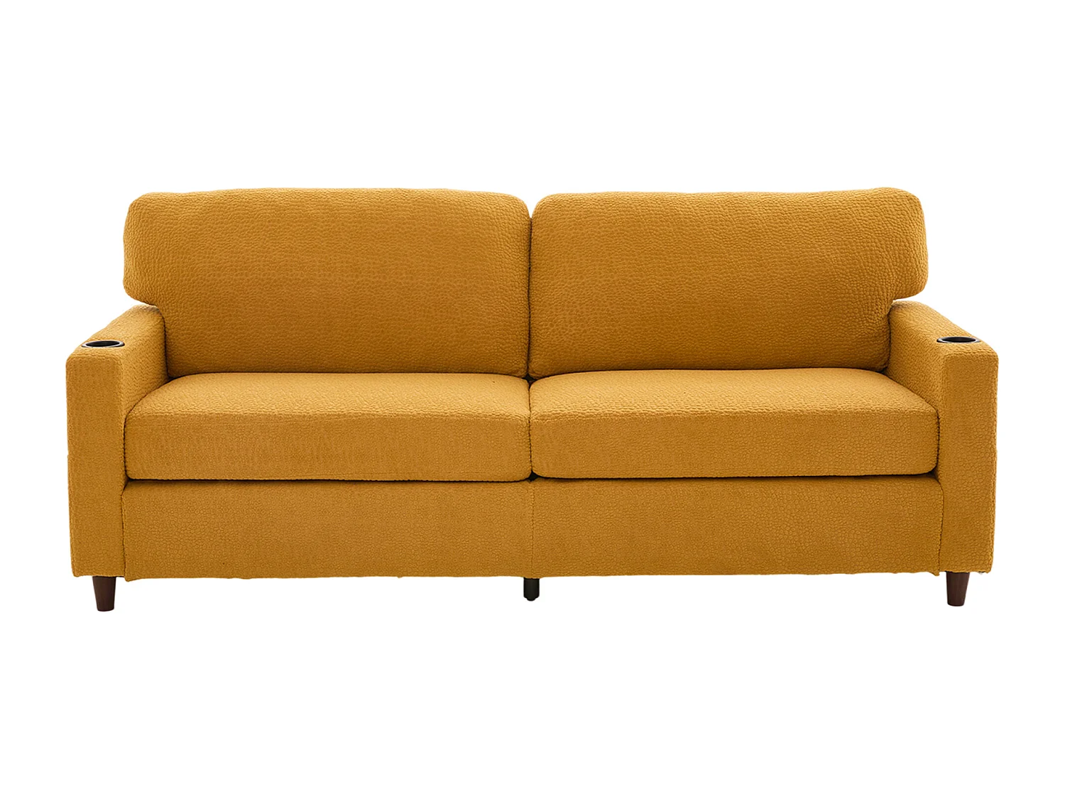 Canapé 2 places 203x77.5x86 cm, port USB-C, éclairage LED dimmable, poches latérales, porte-gobelets, chenille jaune moutarde