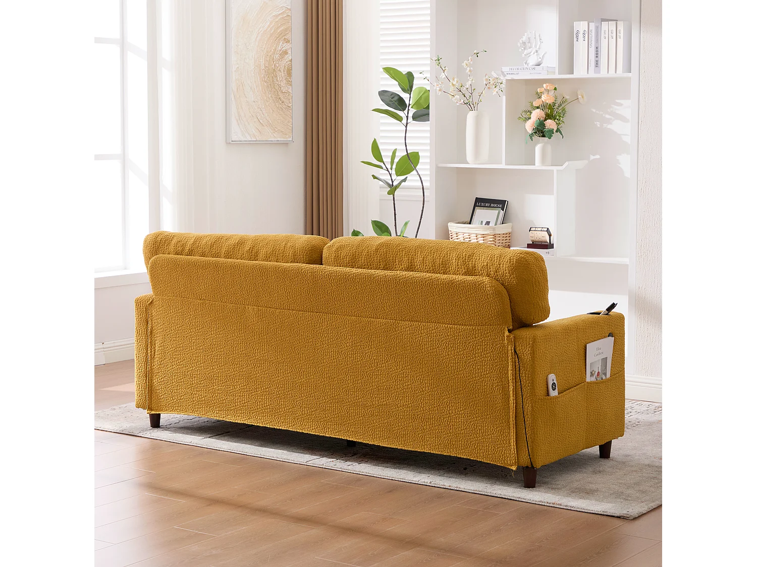 Canapé 2 places 203x77.5x86 cm, port USB-C, éclairage LED dimmable, poches latérales, porte-gobelets, chenille jaune moutarde