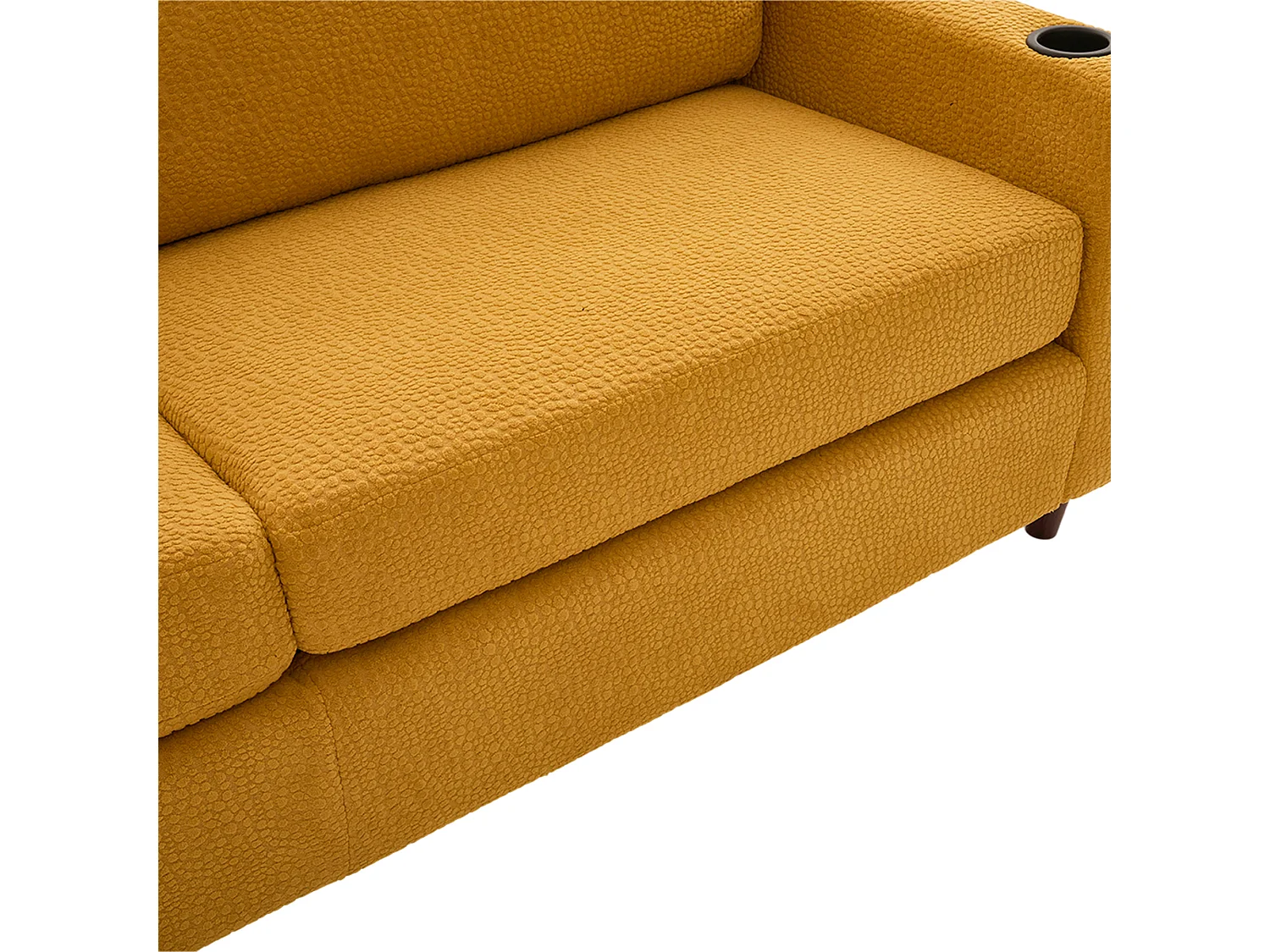 Canapé 2 places 203x77.5x86 cm, port USB-C, éclairage LED dimmable, poches latérales, porte-gobelets, chenille jaune moutarde