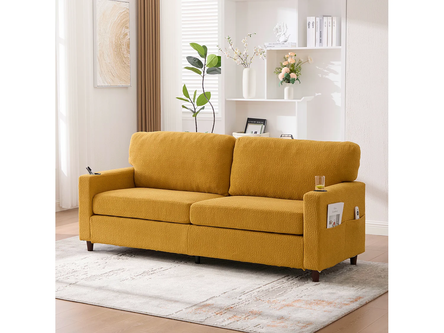 Canapé 2 places 203x77.5x86 cm, port USB-C, éclairage LED dimmable, poches latérales, porte-gobelets, chenille jaune moutarde