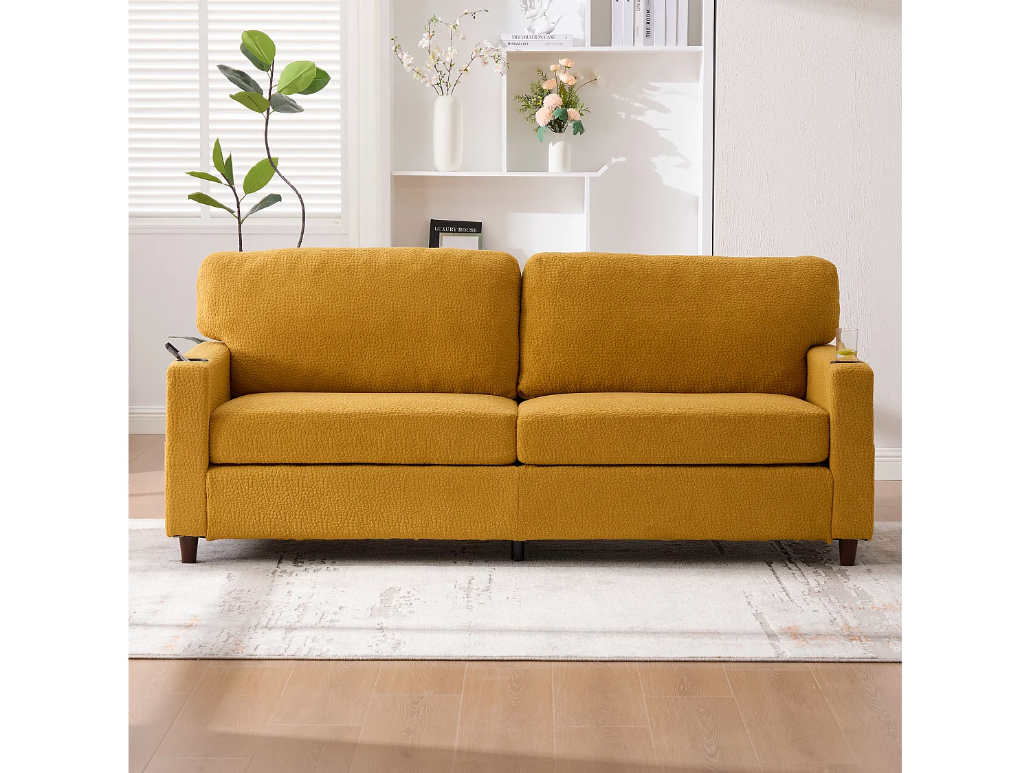 Canapé 2 places 203x77.5x86 cm, port USB-C, éclairage LED dimmable, poches latérales, porte-gobelets, chenille jaune moutarde