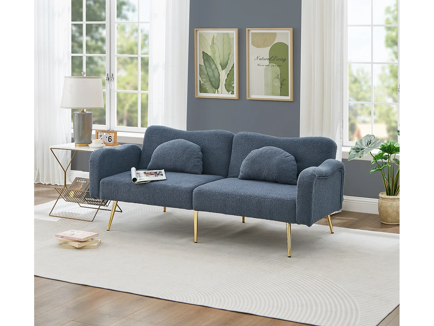 Canapé convertible 2 places, dossier 3 positions, rangement sous assise, mousse, bleu gris