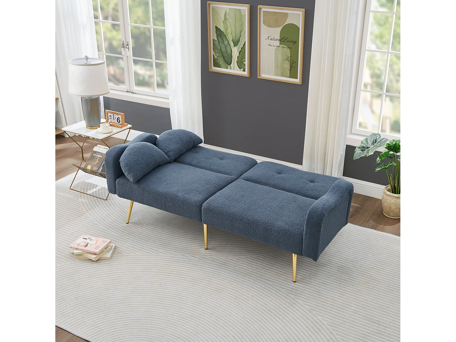 Canapé convertible 2 places, dossier 3 positions, rangement sous assise, mousse, bleu gris