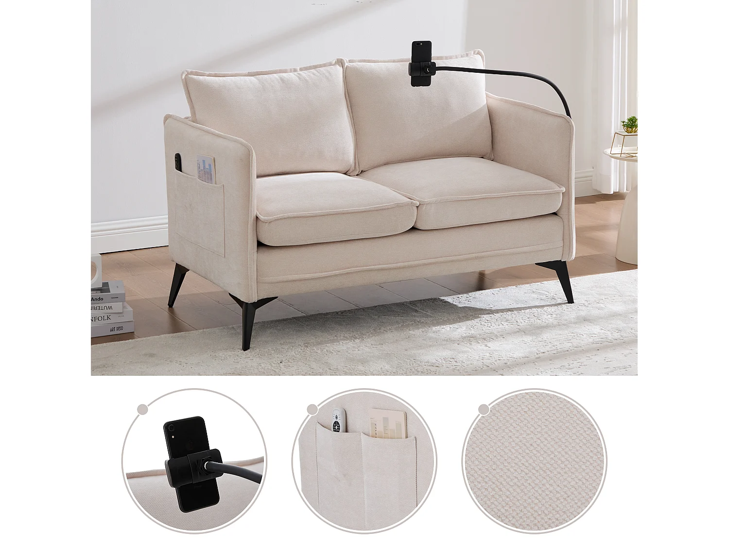 Canapé deux places 127x69x66cm Canapé Moderne Suppt téléphone Rangement Chenille Chambre balcon Beige