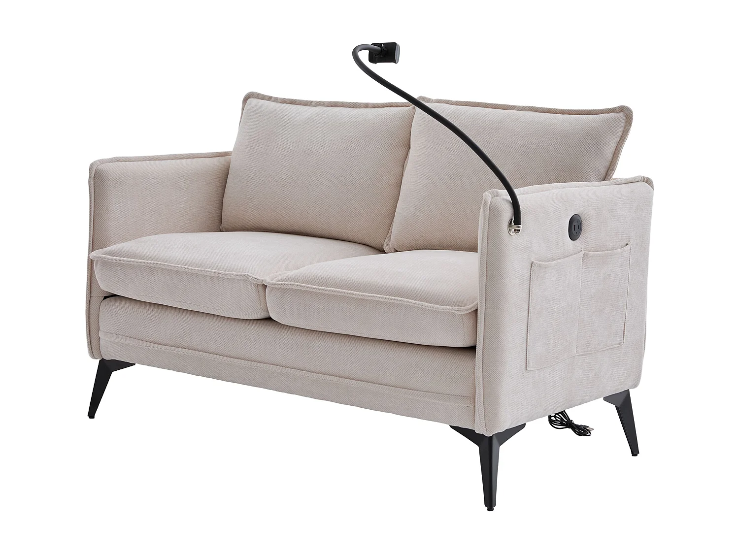 Canapé 2 places 127x69x66 cm, support téléphone réglable, poches de rangement, pieds en métal, chenille beige