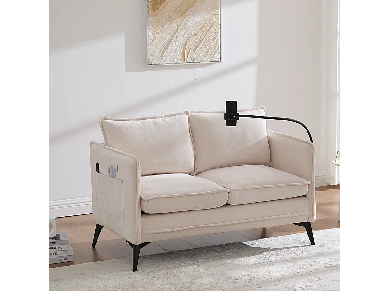 Canapé deux places 127x69x66cm Canapé Moderne Suppt téléphone Rangement Chenille Chambre balcon Beige