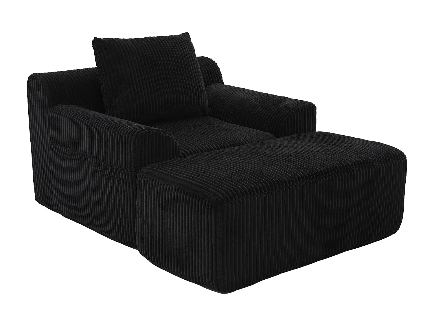 Fauteuil surdimensionné 147x110x67 cm, repose pieds inclus, poches latérales, mousse haute densité, velours côtelé noir