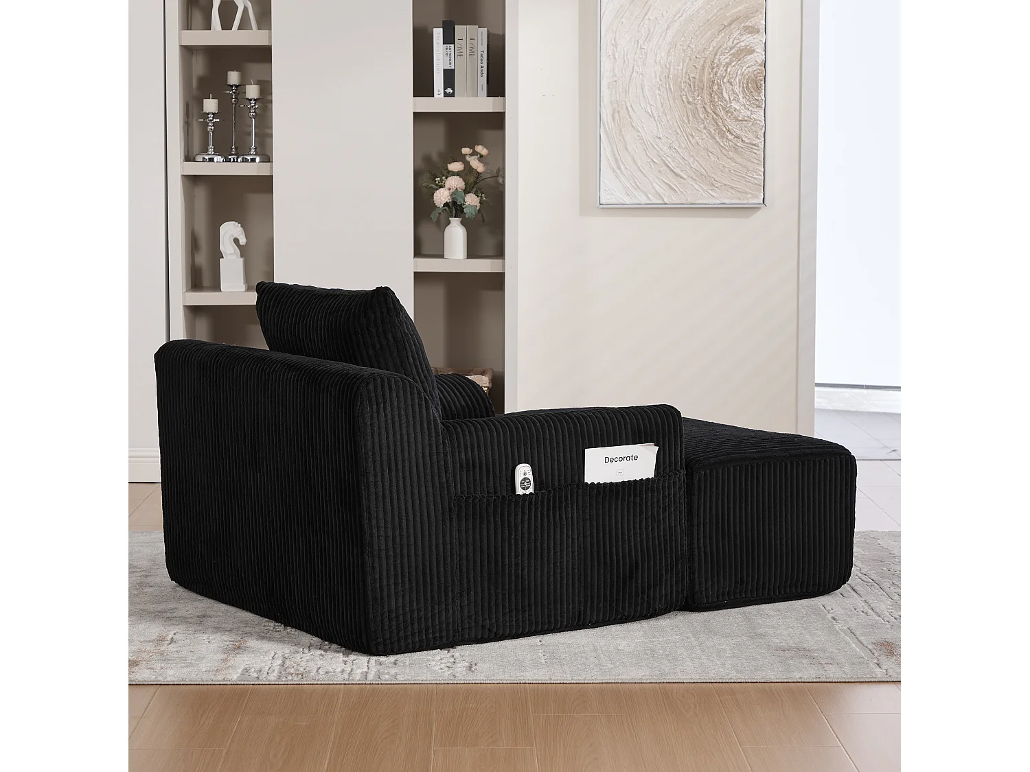 Fauteuil surdimensionné 147x110x67 cm, repose pieds inclus, poches latérales, mousse haute densité, velours côtelé noir