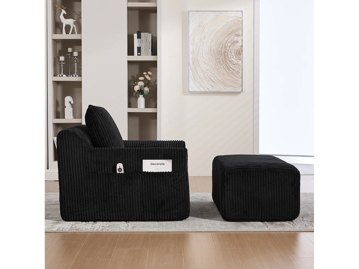 Fauteuil surdimensionné 147x110x67 cm, repose pieds inclus, poches latérales, mousse haute densité, velours côtelé noir