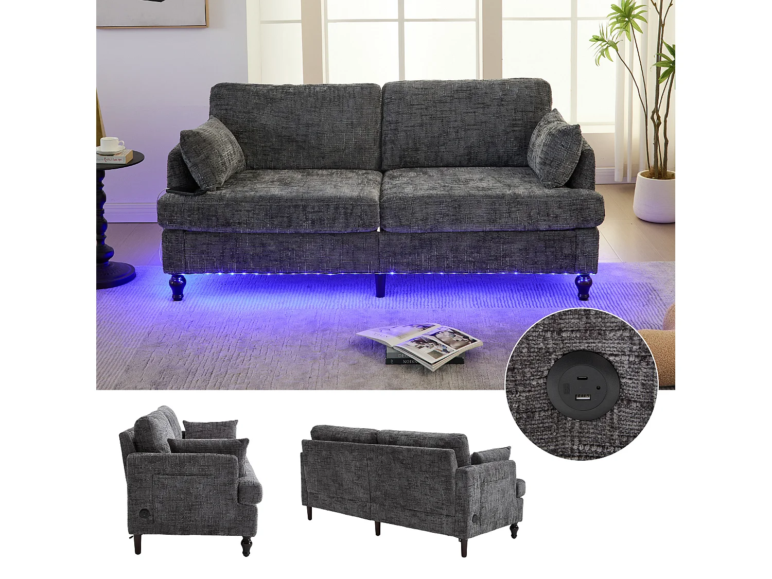 Canapé 2 places 175x83x78 cm, port USB intégré, LED multicolore, poche de rangement, chenille gris