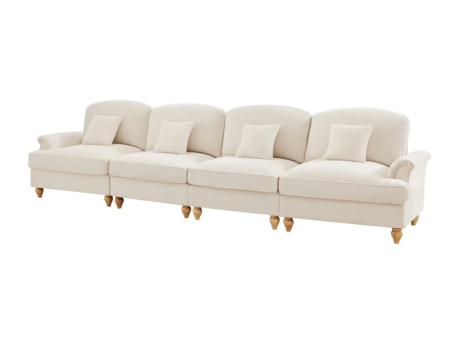 Canapé quatre places dossier segmenté coussin lombaire jambes fuselées Chenille blanc