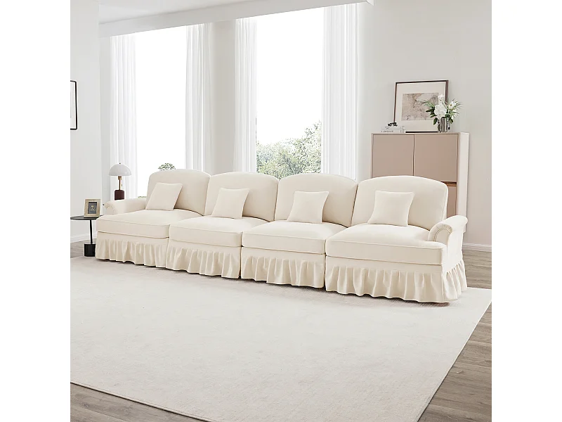 Canapé quatre places dossier segmenté coussin lombaire jambes fuselées Chenille blanc