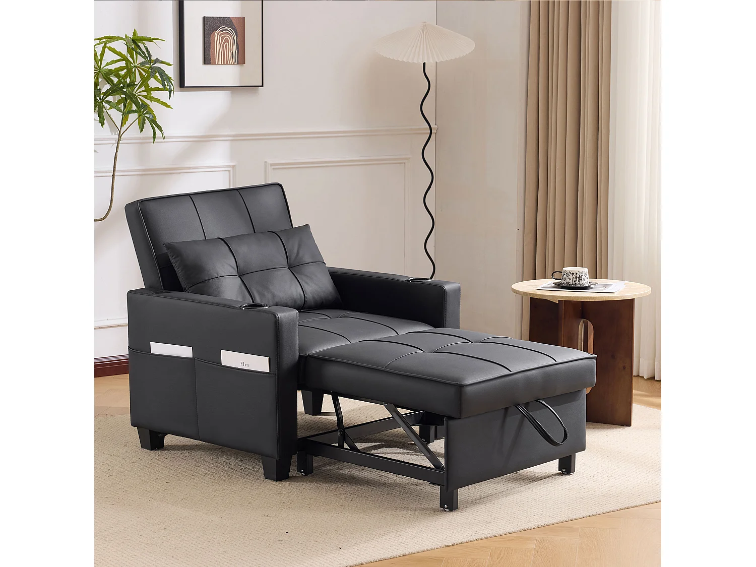 Uitschuifbare bank 3 in 1 multifunctionele fauteuil uitschuifbaar schuim hout en metaal Zwart