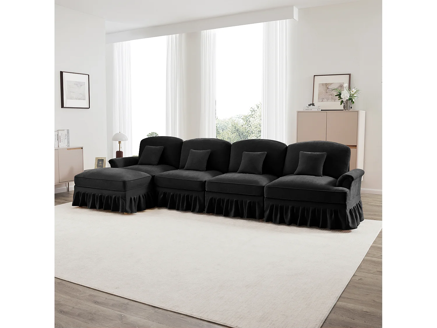 Canapé Modulable L Style MidCentury Jupe amovible Pieds fuselés chenille Noir