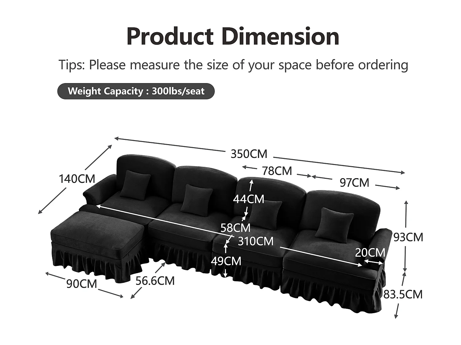 Canapé Modulable L Style MidCentury Jupe amovible Pieds fuselés chenille Noir