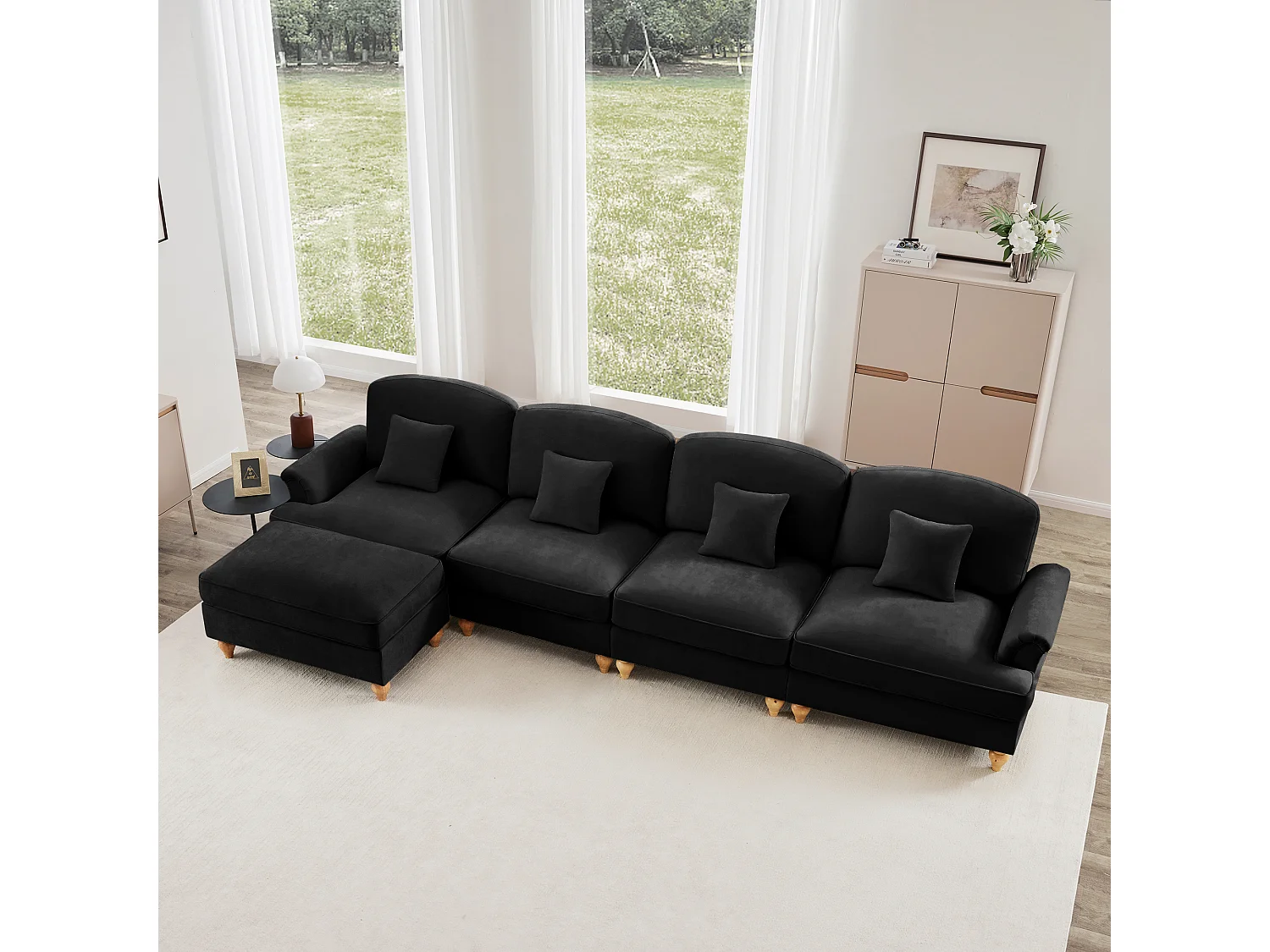 Canapé Modulable L Style MidCentury Jupe amovible Pieds fuselés chenille Noir