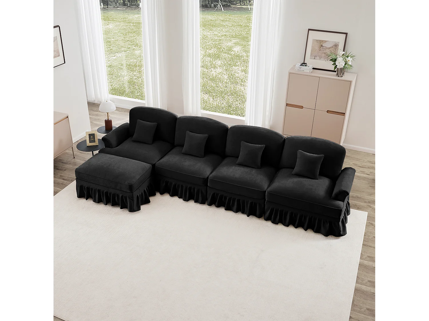 Canapé Modulable L Style MidCentury Jupe amovible Pieds fuselés chenille Noir