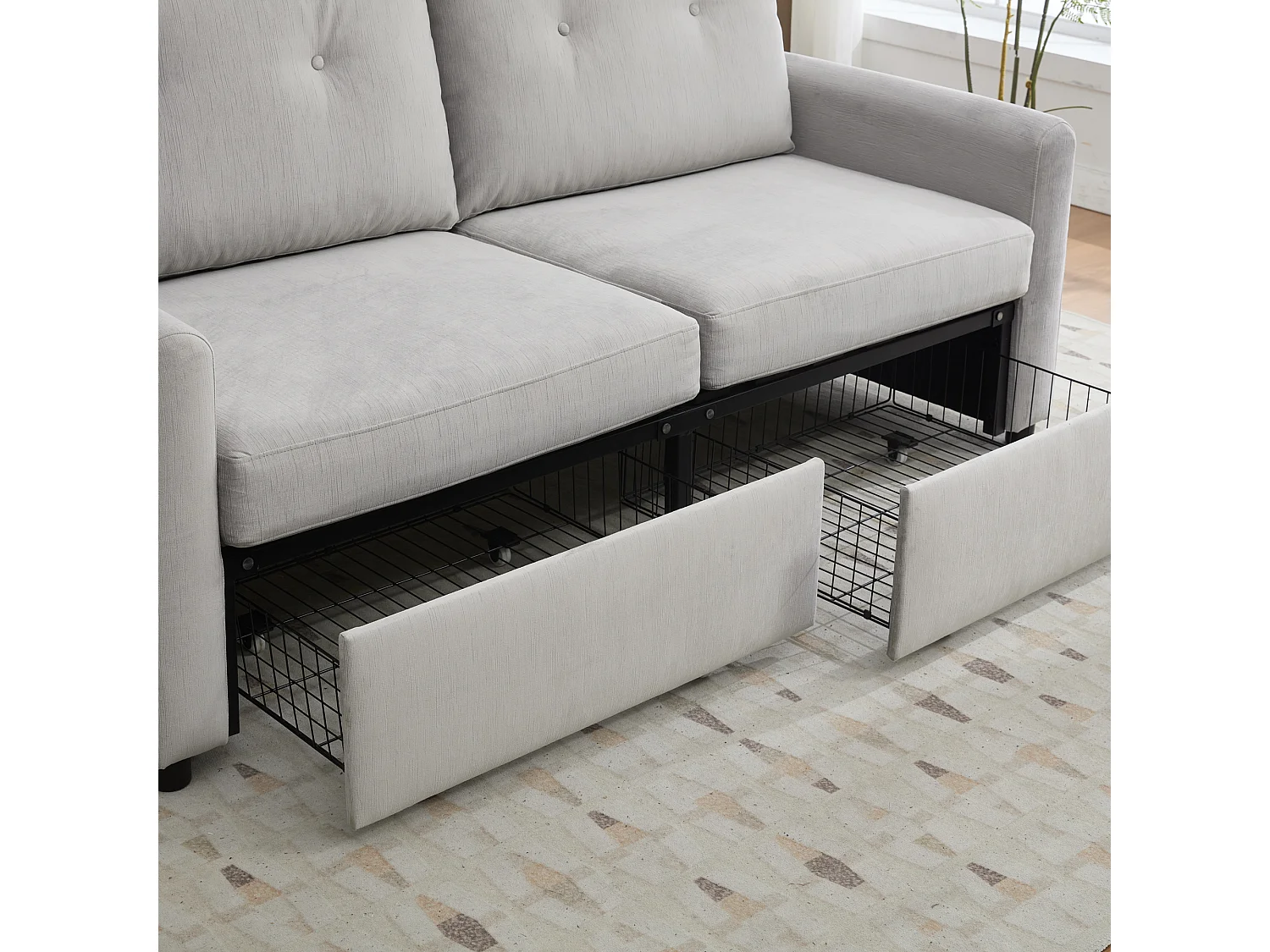 Canapé 2 places compact pour petit salon tiroirs profonds tissu microfibre gris clair design scandinave