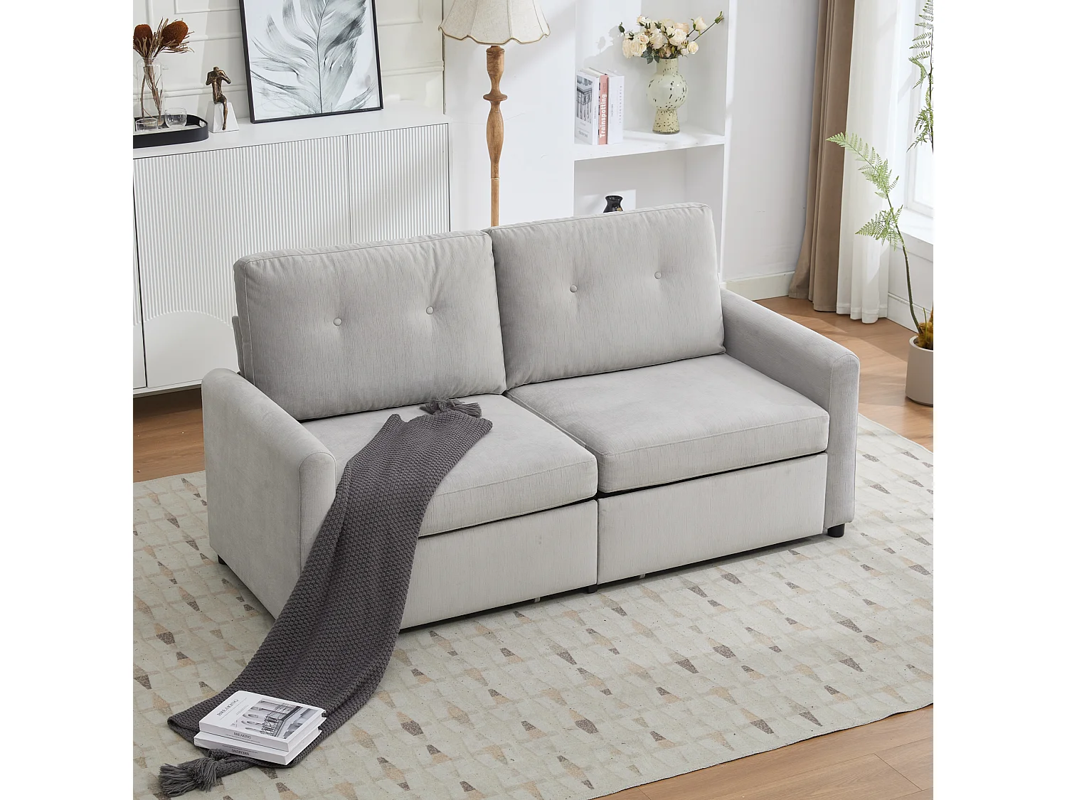 Canapé 2 places compact pour petit salon tiroirs profonds tissu microfibre gris clair design scandinave