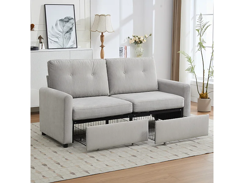 Canapé 2 places compact pour petit salon tiroirs profonds tissu microfibre gris clair design scandinave