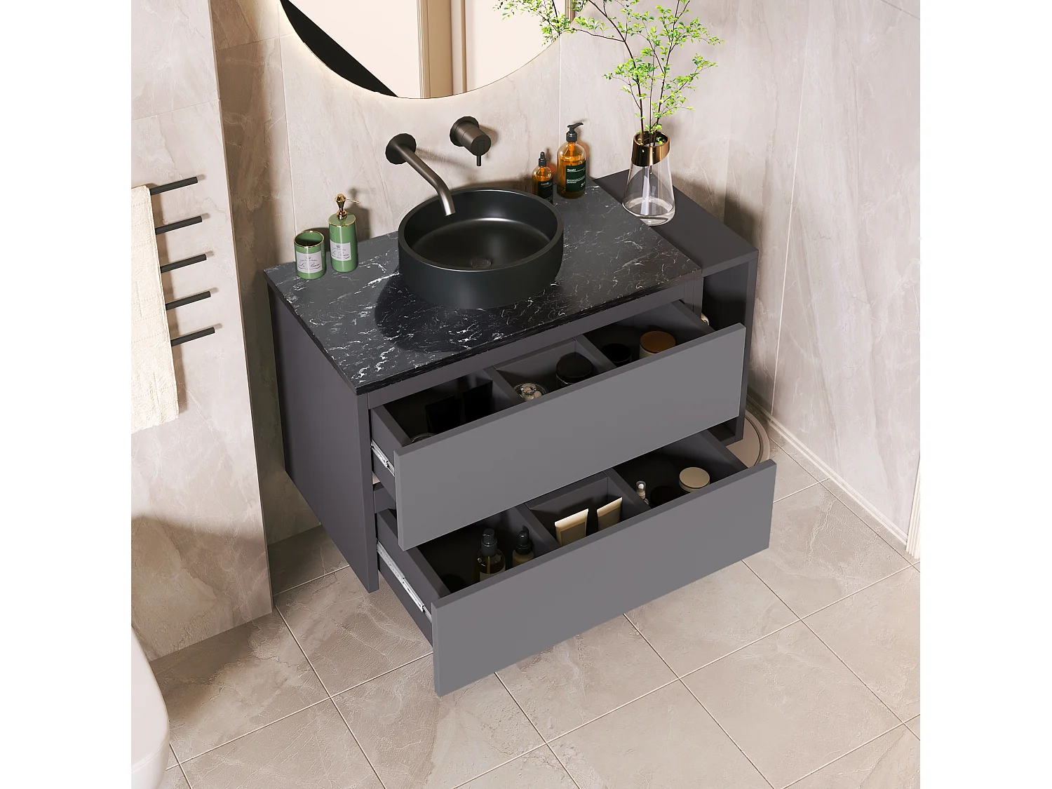 Meuble sous-vasque 80x0x0 cm, vasque ronde, tiroirs, design minimaliste, MDF, noir et gris