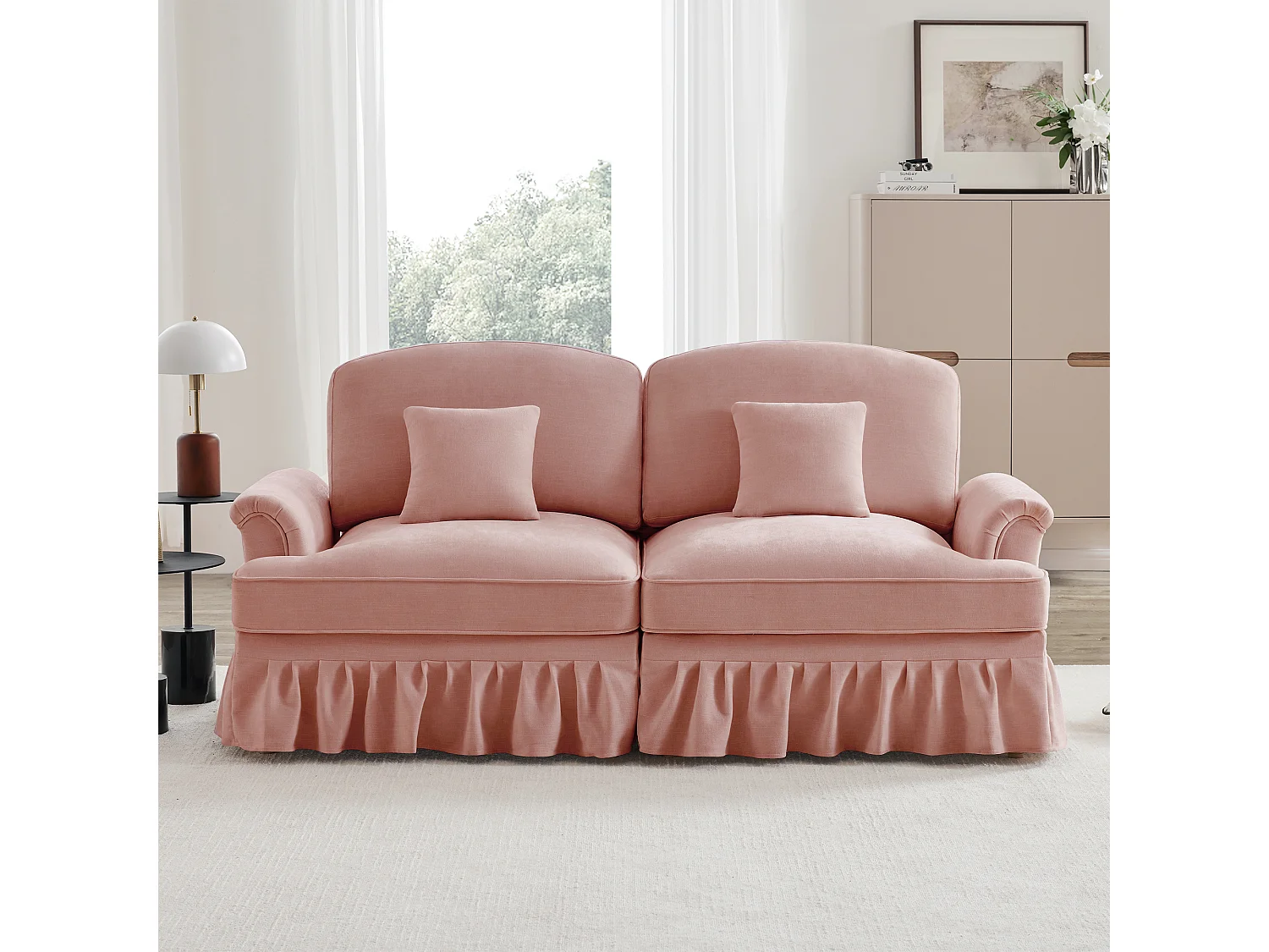 Canapé deux places modulable contemporain convertible fonctionnel chenille salon rose