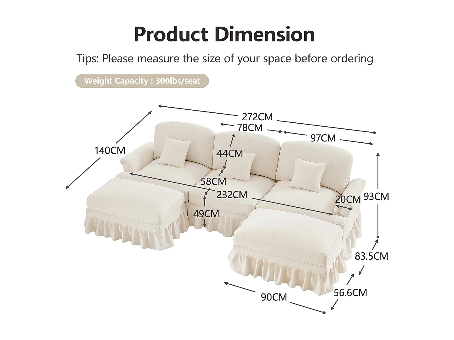 Canapé modulable Modules indépendants Chenille blanc Pieds fuseau Style contemporain
