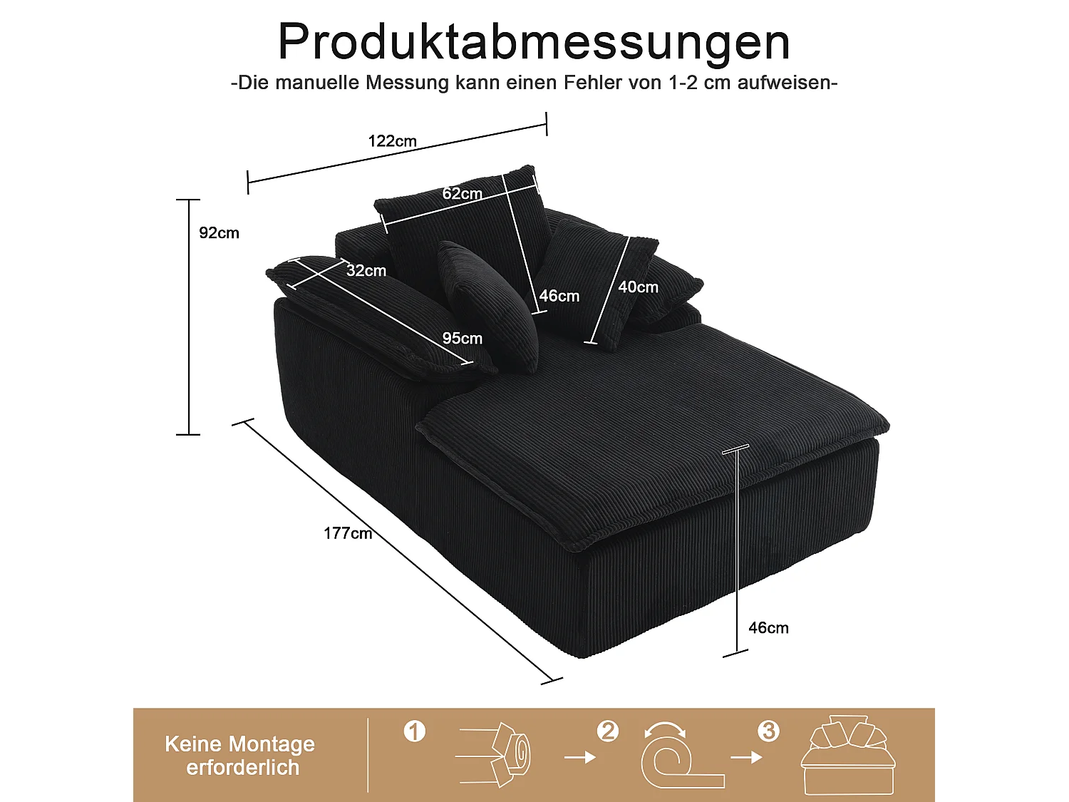 Canapé 177x122x92cm lecture ergonomique sans montage mousse haute densité velours côtelé Noir