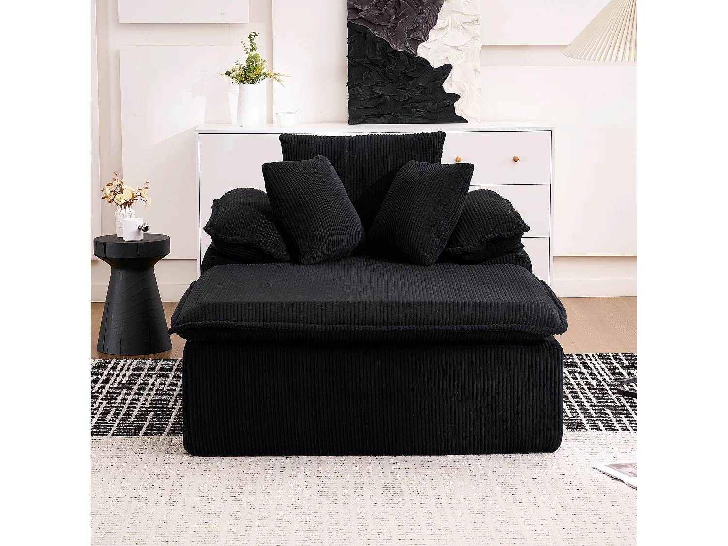 Canapé relax 177x122x92 cm, sans installation, accoudoirs larges 32 cm, mousse haute densité, velours côtelé noir