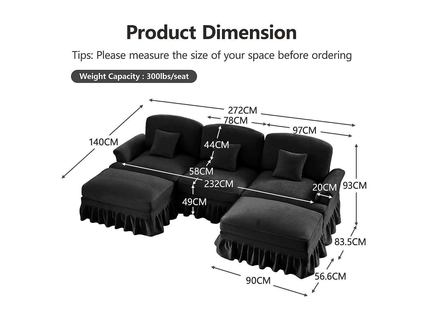 Canapé Pouf mobile Gonne amovible Chenille Pieds fuselés Noir