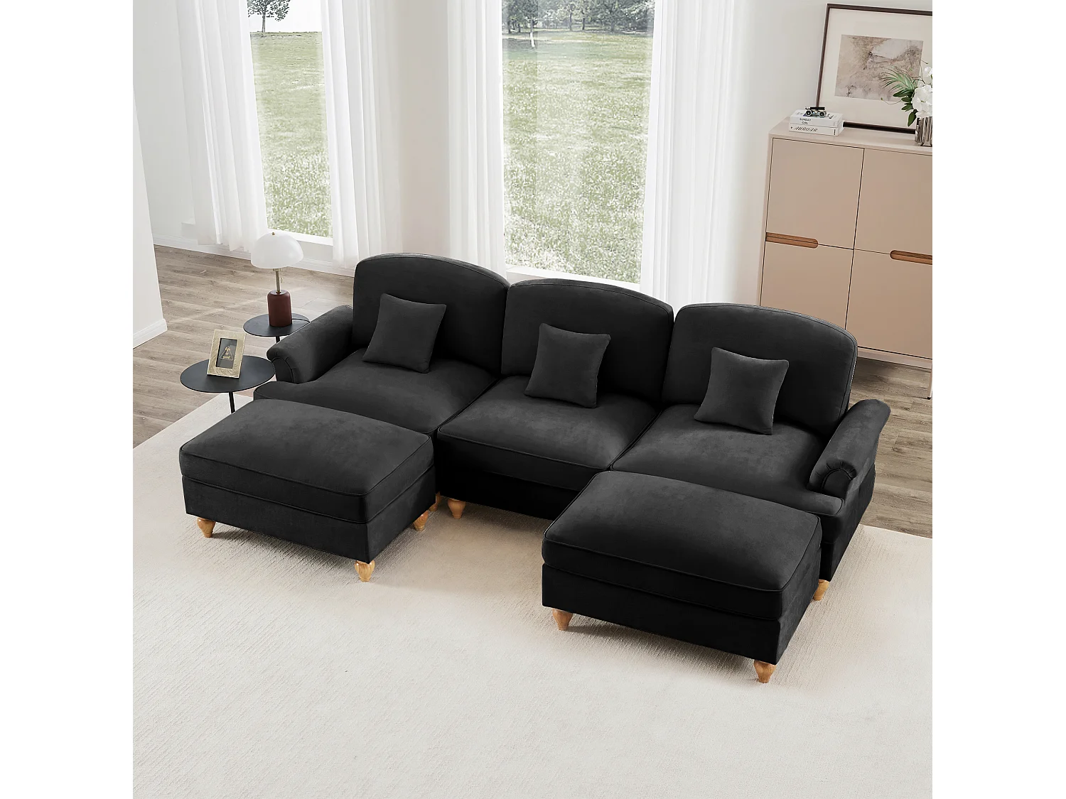 Canapé Pouf mobile Gonne amovible Chenille Pieds fuselés Noir