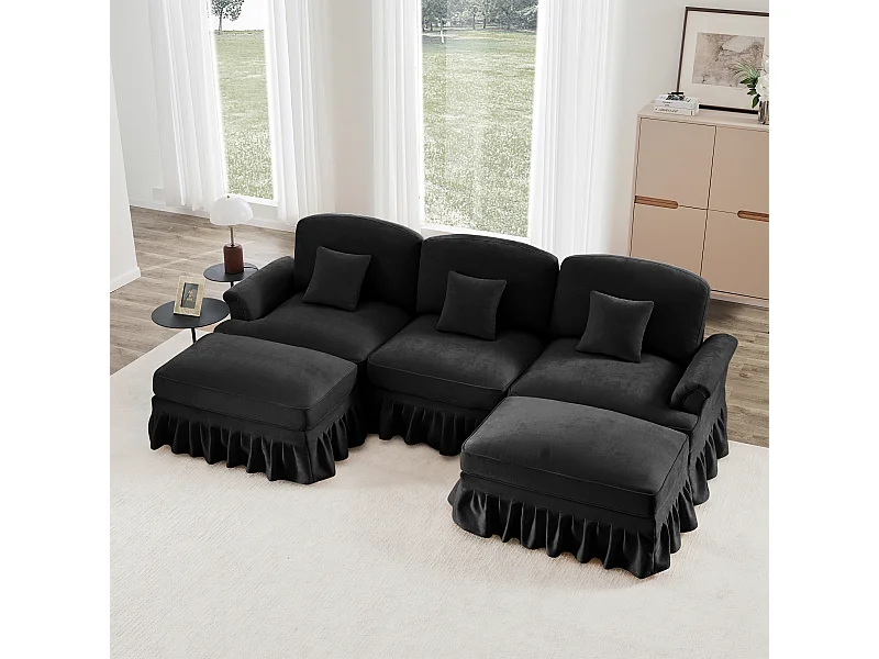 Canapé Pouf mobile Gonne amovible Chenille Pieds fuselés Noir