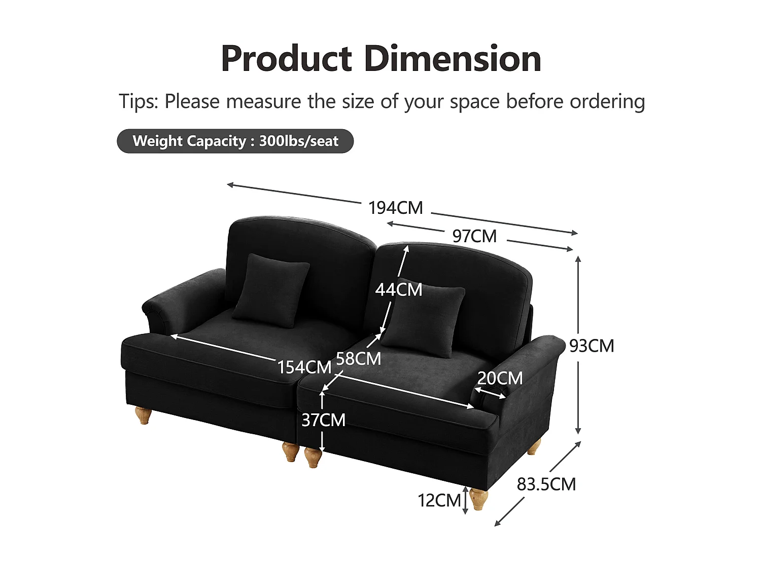 Canapé Confort dossier segmenté Coussin mobile Chenille Noir