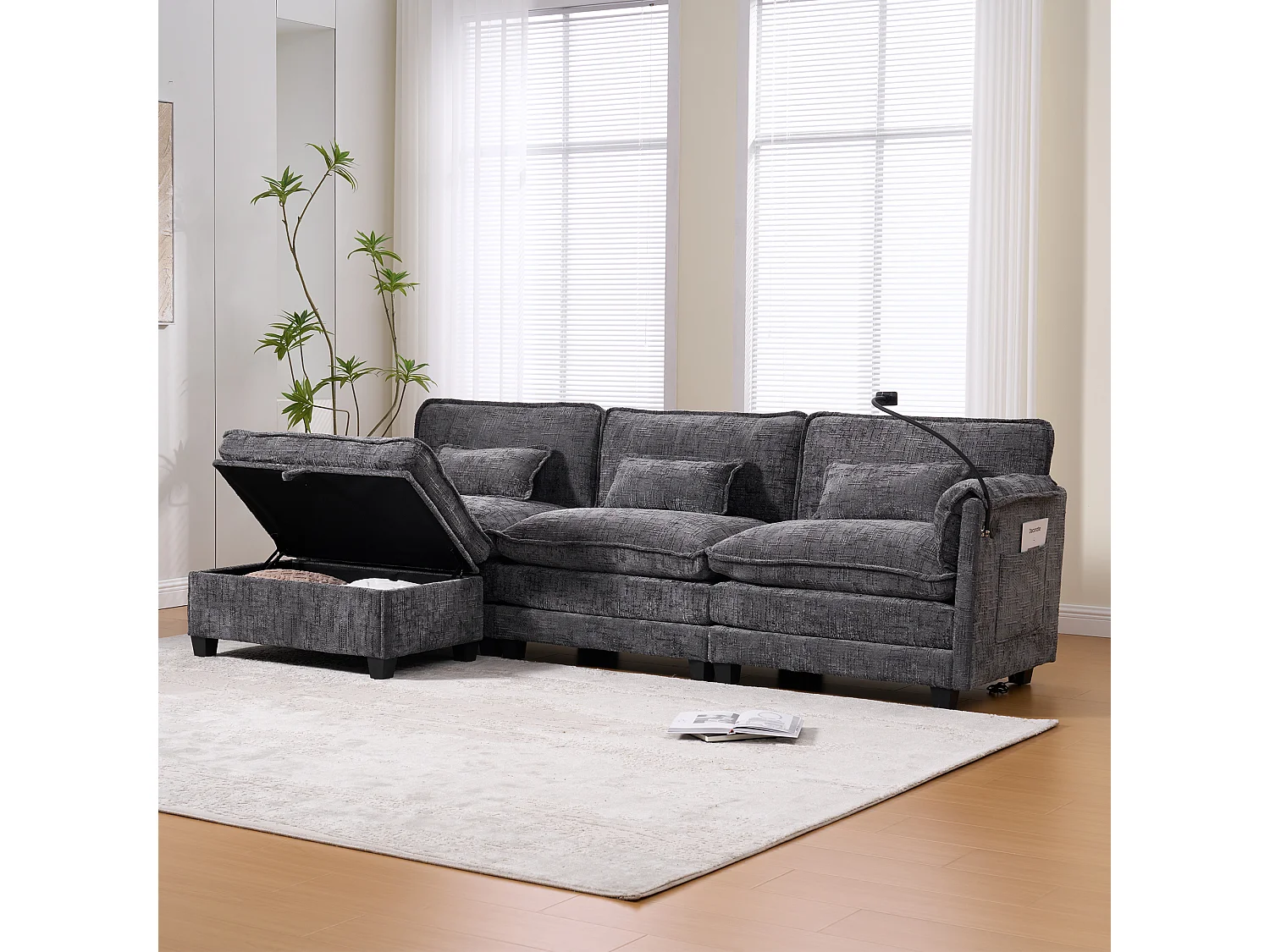 Bank 279x83x85cm 2-zits met Memory Foam vulling chenille bekleding opbergpoef Grijs