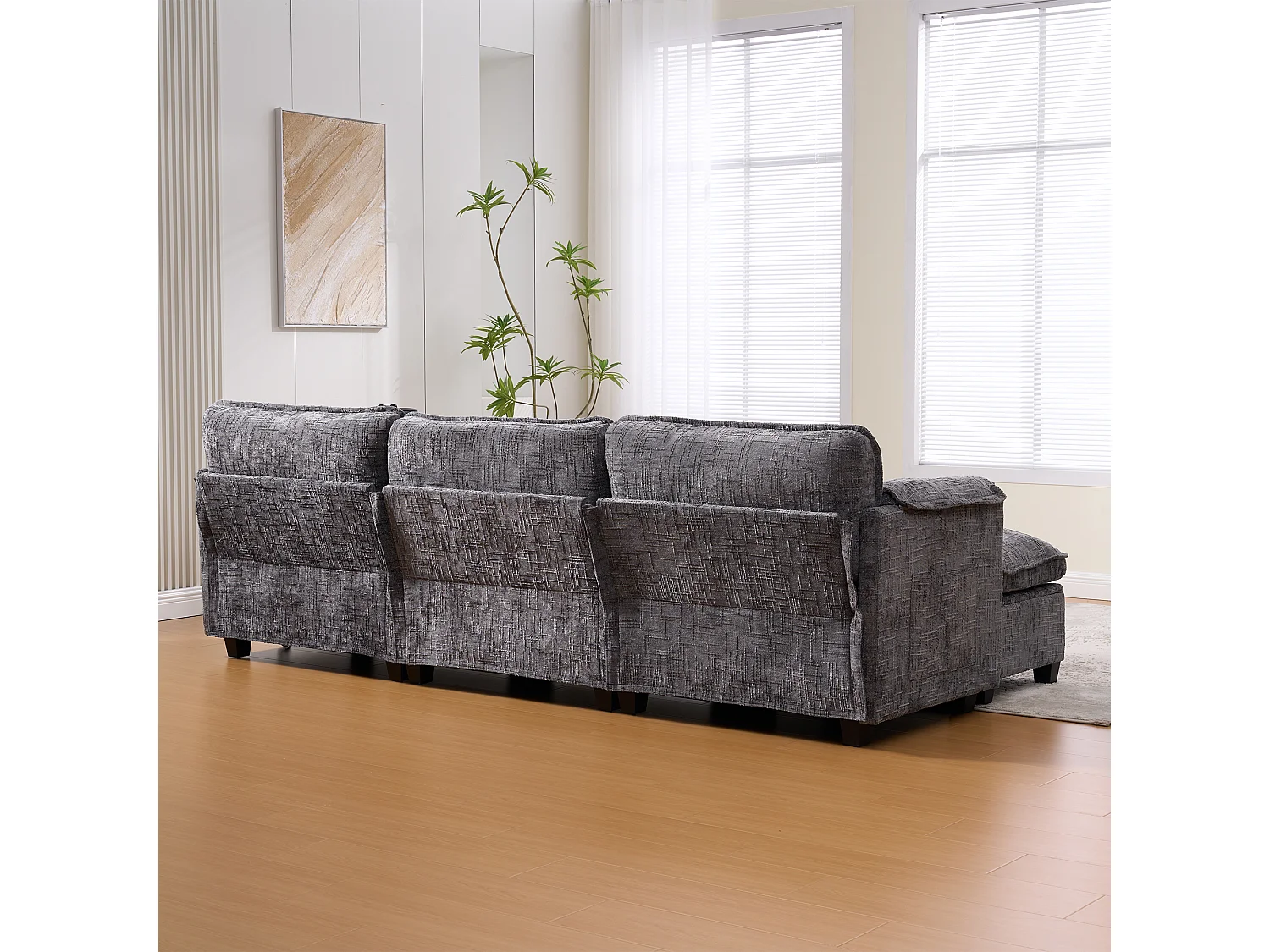 Canapé 3 places 279x83x85 cm, USB, poche latérale, support téléphone, pouf de rangement modulable, chenille gris