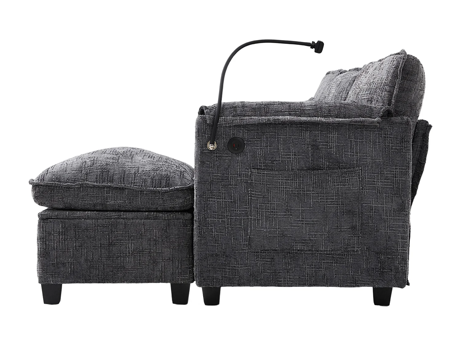 Canapé 3 places 279x83x85 cm, USB, poche latérale, support téléphone, pouf de rangement modulable, chenille gris