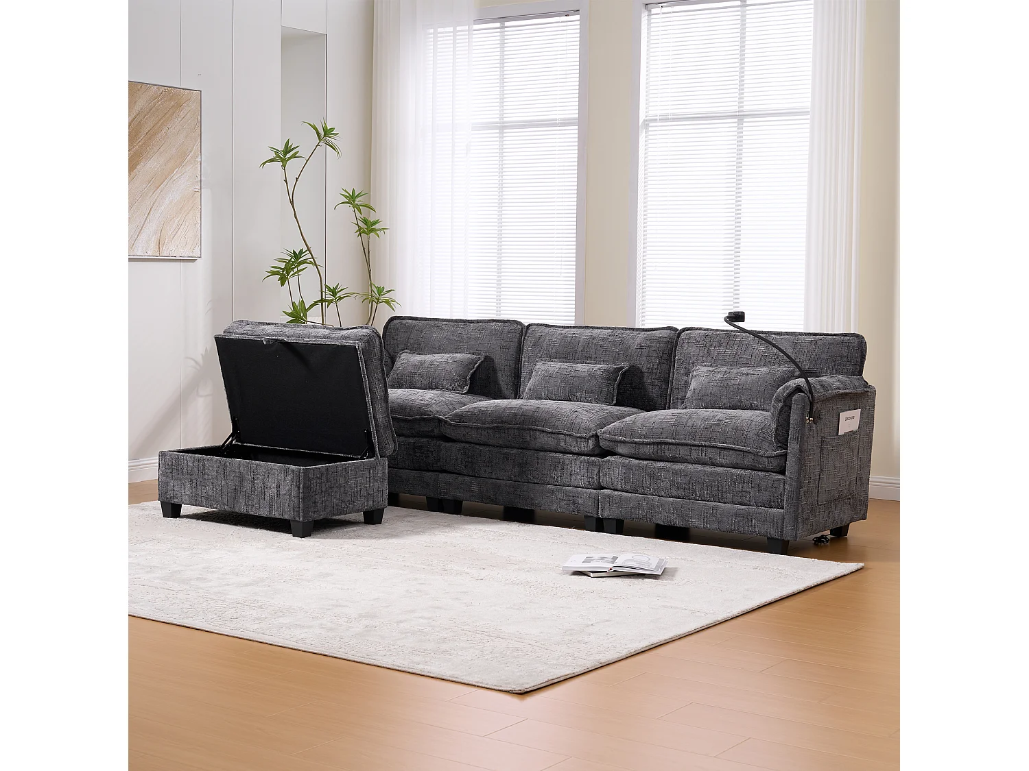 Canapé 3 places 279x83x85 cm, USB, poche latérale, support téléphone, pouf de rangement modulable, chenille gris